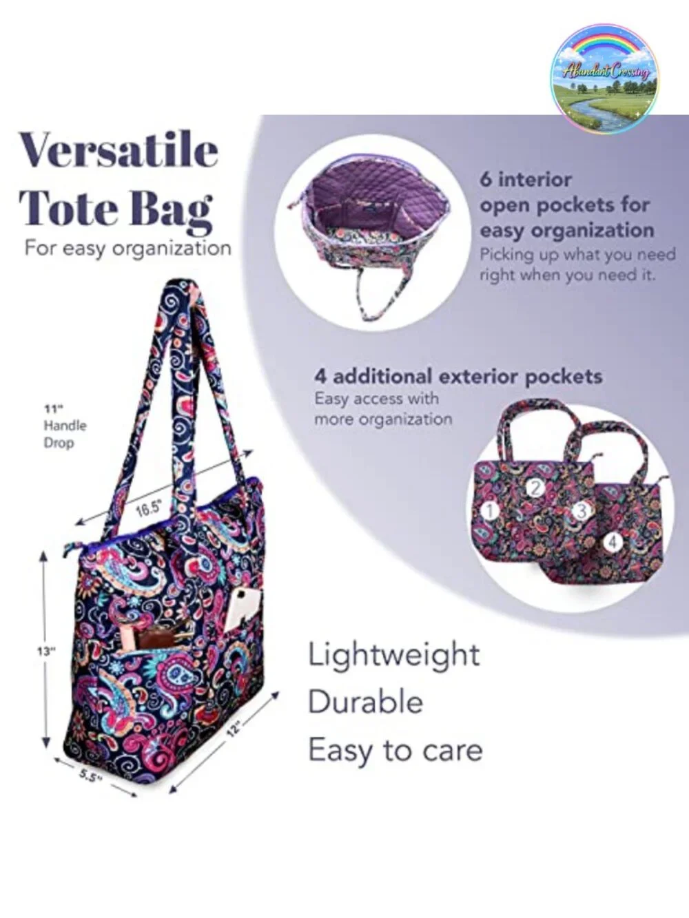 Quilted Tote Bag with 10 Pockets Lightweight Travel Handbag